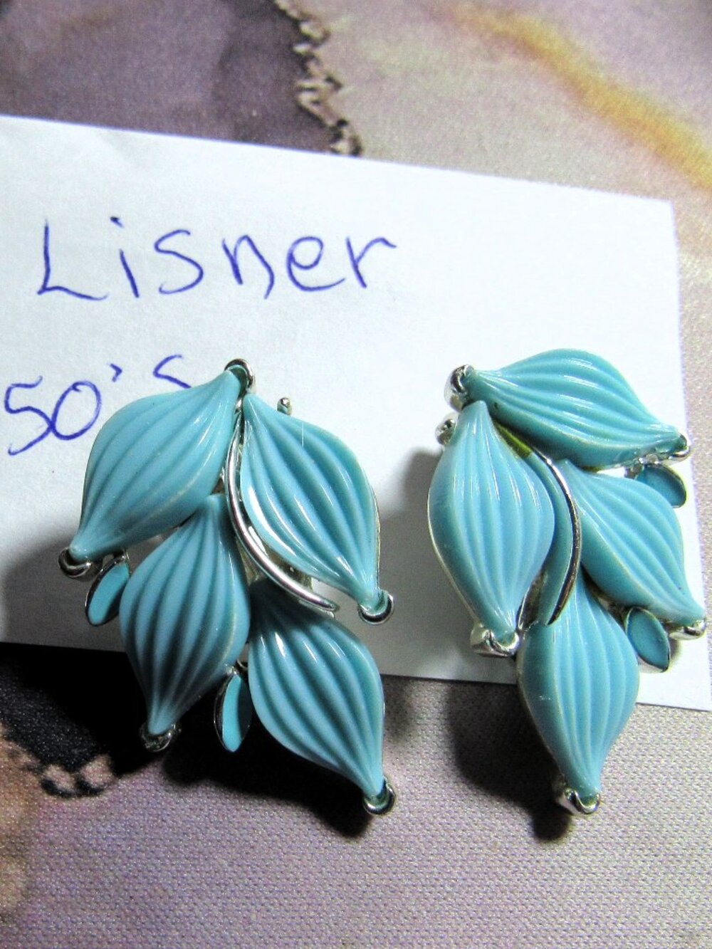 MID CENTURY CLIP ON EARRINGS BLUE LEAF 1" LONG LISNER